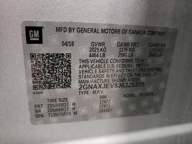 2GNAXJEV8J6325375 - 2018 CHEVROLET EQUINOX LT SILVER photo 14