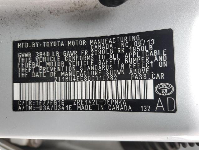 2T1BU4EE8DC110282 - 2012 TOYOTA COROLLA BASE 银色 照片 12