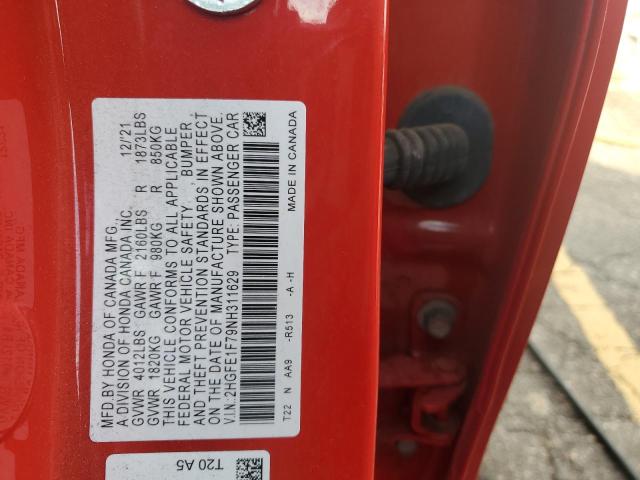 2HGFE1F79NH311629 - 2022 HONDA CIVIC EX RED photo 12