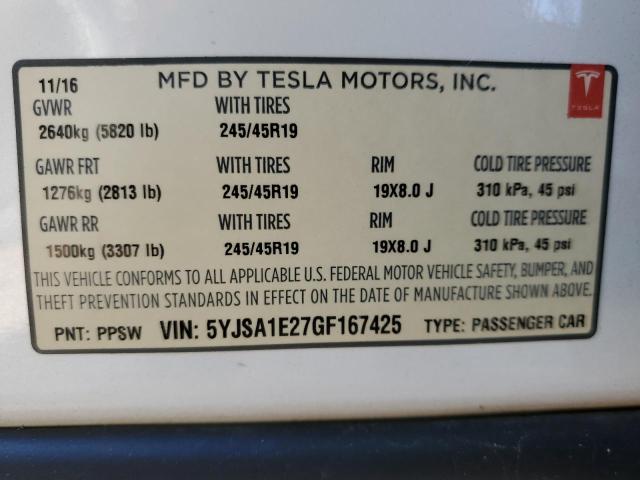 5YJSA1E27GF167425 - 2016 TESLA MODEL S Սպիտակ լուսանկար 12