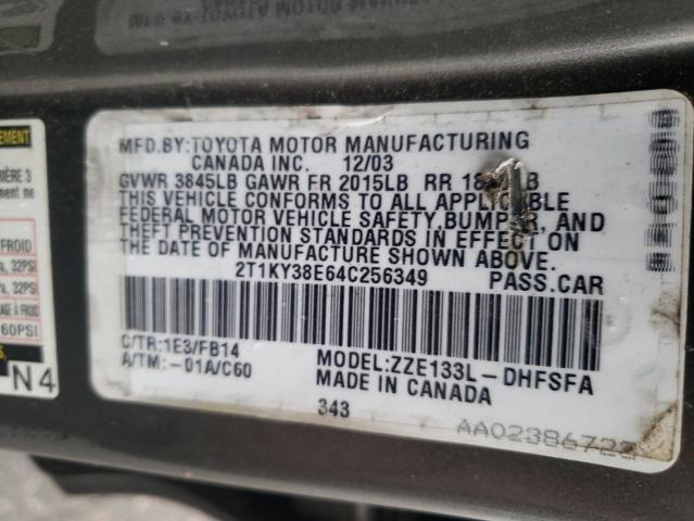 2T1KY38E64C256349 - 2004 TOYOTA COROLLA MA XRS GRAY photo 12