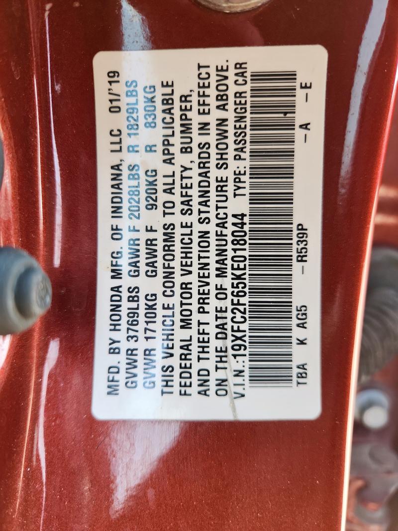 19XFC2F65KE018044 - 2019 HONDA CIVIC LX RED photo 12