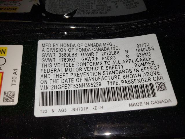 2HGFE2F53NH595229 - 2022 HONDA CIVIC SPORT 黑色 照片 13