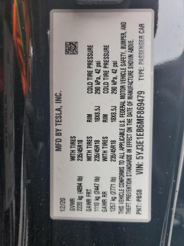 5YJ3E1EB6MF869479 - 2021 TESLA MODEL 3 Qara foto 12