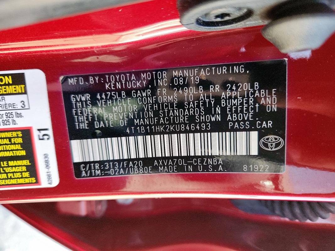 4T1B11HK2KU846493 - 2019 TOYOTA CAMRY L 红色 照片 12