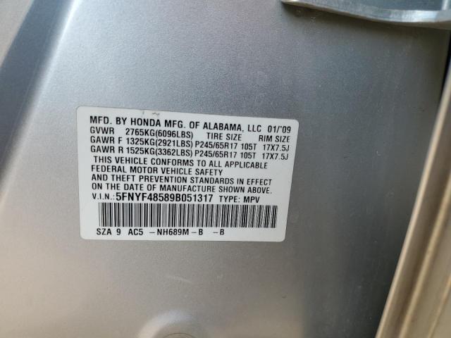 5FNYF48589B051317 - 2009 HONDA PILOT EXL SILVER photo 14