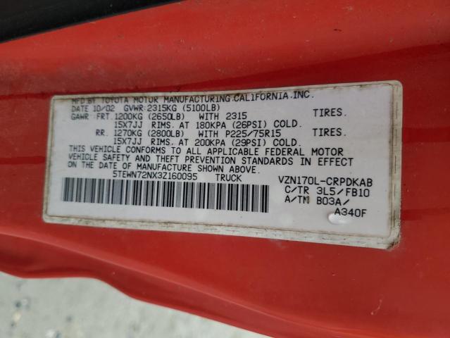 5TEWN72NX3Z160095 - 2003 TOYOTA TACOMA XTRACAB RED photo 13
