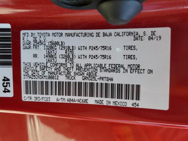3TMAZ5CN3KM100012 - 2019 TOYOTA TACOMA DOUBLE CAB RED photo 12