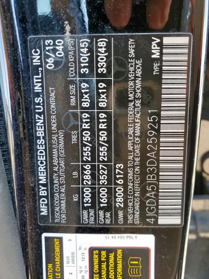 4JGDA5JB3DA259251 - 2013 MERCEDES-BENZ ML 350 Czarny zdjęcie 13