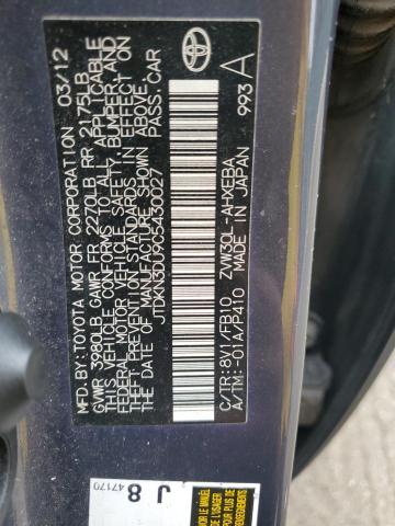 JTDKN3DU9C5430027 - 2012 TOYOTA PRIUS GRAY photo 12