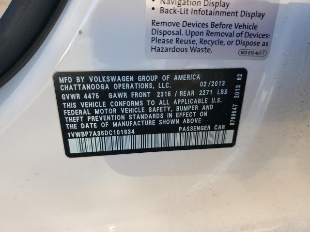 1VWBP7A35DC101834 - 2013 VOLKSWAGEN PASSAT SE თეთრი ფოტო 12