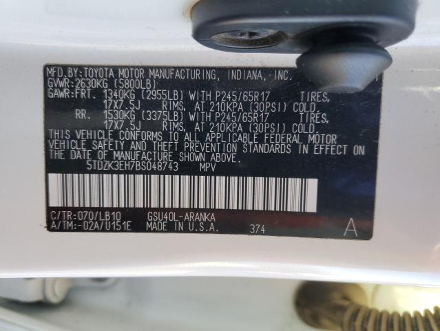 5TDZK3EH7BS048743 - 2011 TOYOTA HIGHLANDER BASE Blanco foto 12