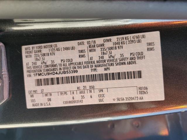 1FMCU9HD4JUB53399 - 2018 FORD ESCAPE SEL 石墨色 照片 13