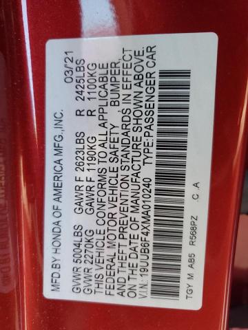 19UUB6F4XMA010240 - 2021 ACURA TLX TECHNOLOGY RED photo 12