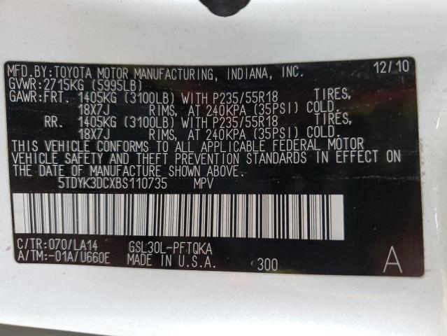 5TDYK3DCXBS110735 - 2011 TOYOTA SIENNA XLE 白色 照片 13