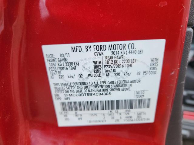 1FMCU0D75BKC04305 - 2011 FORD ESCAPE XLT 红色 照片 13