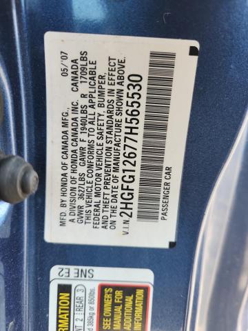 2HGFG12677H565530 - 2007 HONDA CIVIC LX 蓝色 照片 12