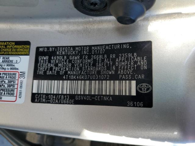 4T1BK46K07U031072 - 2007 TOYOTA CAMRY LE SILVER photo 12