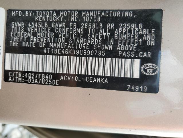 4T1BE46K39U890795 - 2009 TOYOTA CAMRY BASE BEIGE photo 12