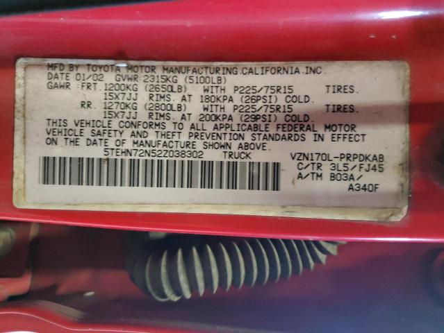 5TEHN72N52Z038302 - 2002 TOYOTA TACOMA DOUBLE CAB RED photo 12