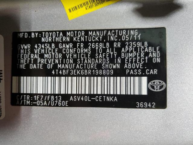 4T4BF3EK6BR198809 - 2011 TOYOTA CAMRY BASE SILVER photo 12
