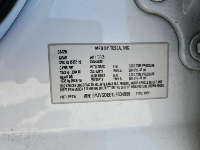 5YJYGDEE1LF034996 - 2020 TESLA MODEL Y أبيض صورة 12