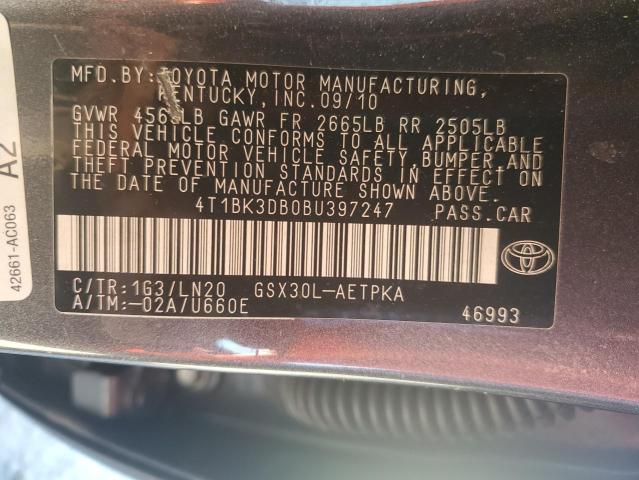 4T1BK3DB0BU397247 - 2011 TOYOTA AVALON BASE GRAY photo 12