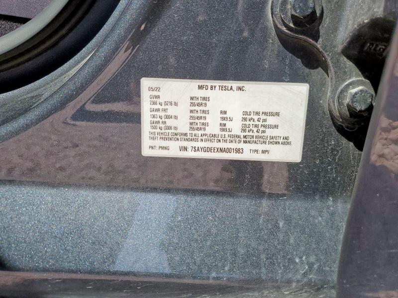 7SAYGDEEXNA001983 - 2022 TESLA MODEL Y CHARCOAL photo 12