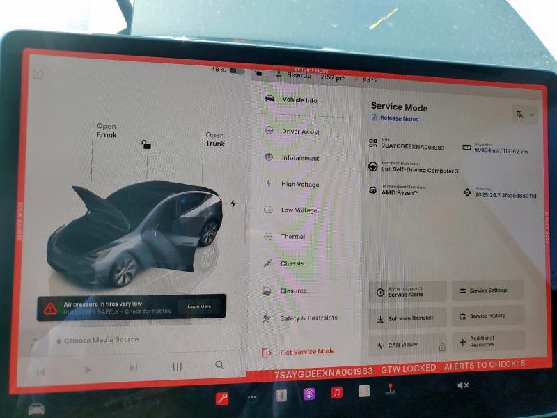 7SAYGDEEXNA001983 - 2022 TESLA MODEL Y CHARCOAL photo 9