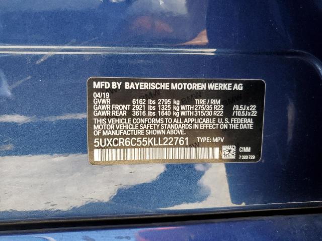 5UXCR6C55KLL22761 - 2019 BMW X5 XDRIVE40I BLUE photo 13