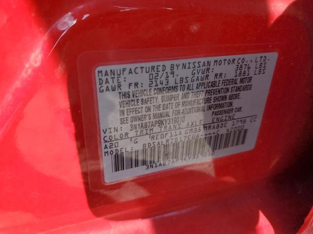 3N1AB7AP9KY319010 - 2019 NISSAN SENTRA S 红色 照片 12