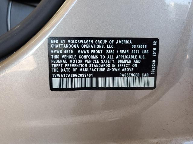 1VWAT7A39GC039401 - 2016 VOLKSWAGEN PASSAT S Світло-коричневий фото 12