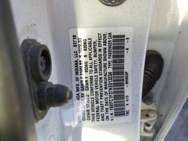 19XFC1F37KE013234 - 2019 HONDA CIVIC EX WHITE photo 12