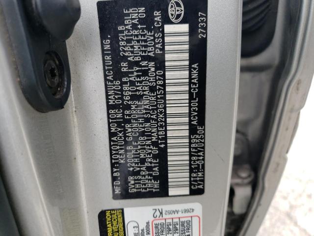 4T1BE32K36U157870 - 2006 TOYOTA CAMRY LE SILVER photo 12