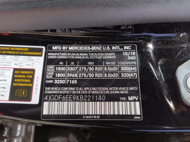 4JGDF6EE9KB221140 - 2019 MERCEDES-BENZ GLS 450 4MATIC BLACK photo 10