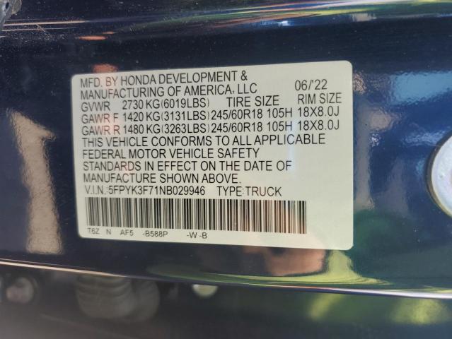 5FPYK3F71NB029946 - 2022 HONDA RIDGELINE RTL Көк фото 12