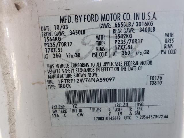 1FTRF12W74NA59097 - 2004 FORD F150 WHITE photo 12