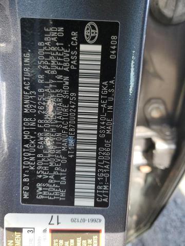 4T1BK1EB7DU024759 - 2013 TOYOTA AVALON BASE Gris photo 12