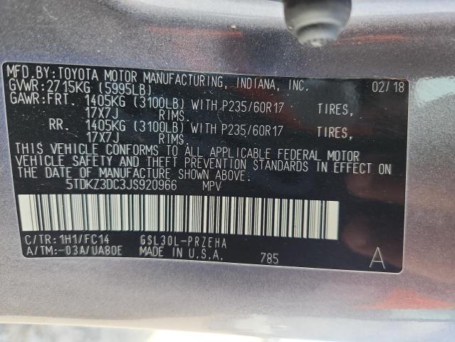 5TDKZ3DC3JS920966 - 2018 TOYOTA SIENNA LE Gris photo 12