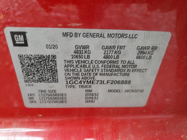 1GC4YME73LF206888 - 2020 CHEVROLET SILVERADO K2500 CUSTOM RED photo 12