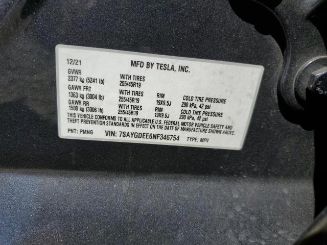 7SAYGDEE6NF346754 - 2022 TESLA MODEL Y ნაცრისფერი ფოტო 12