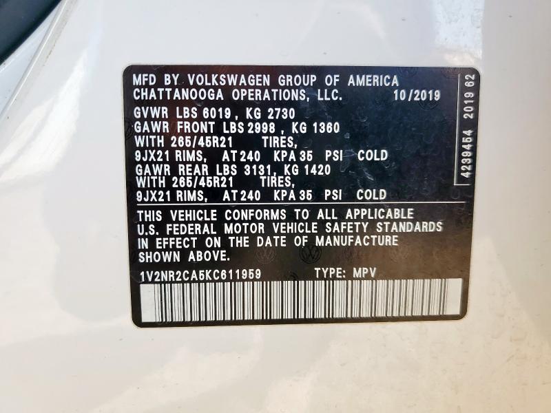 1V2NR2CA5KC611959 - 2019 VOLKSWAGEN ATLAS SEL PREMIUM Ağ foto 13