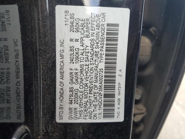1HGCV2F35KA002725 - 2019 HONDA ACCORD SPORT Noir photo 12