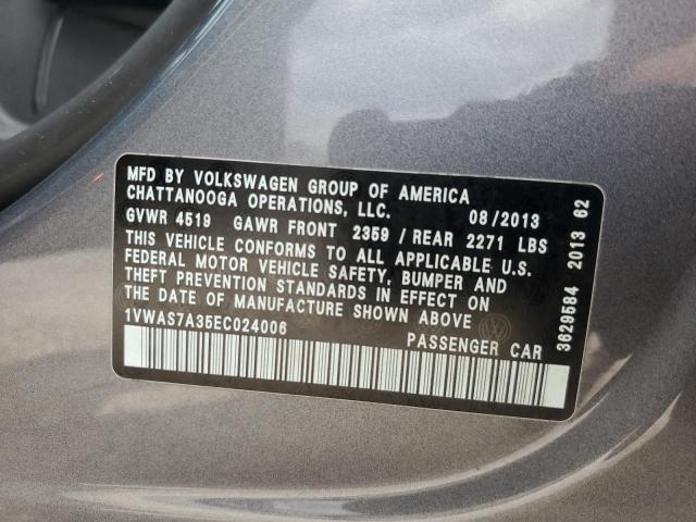 1VWAS7A35EC024006 - 2014 VOLKSWAGEN PASSAT S Մոխրագույն լուսանկար 12