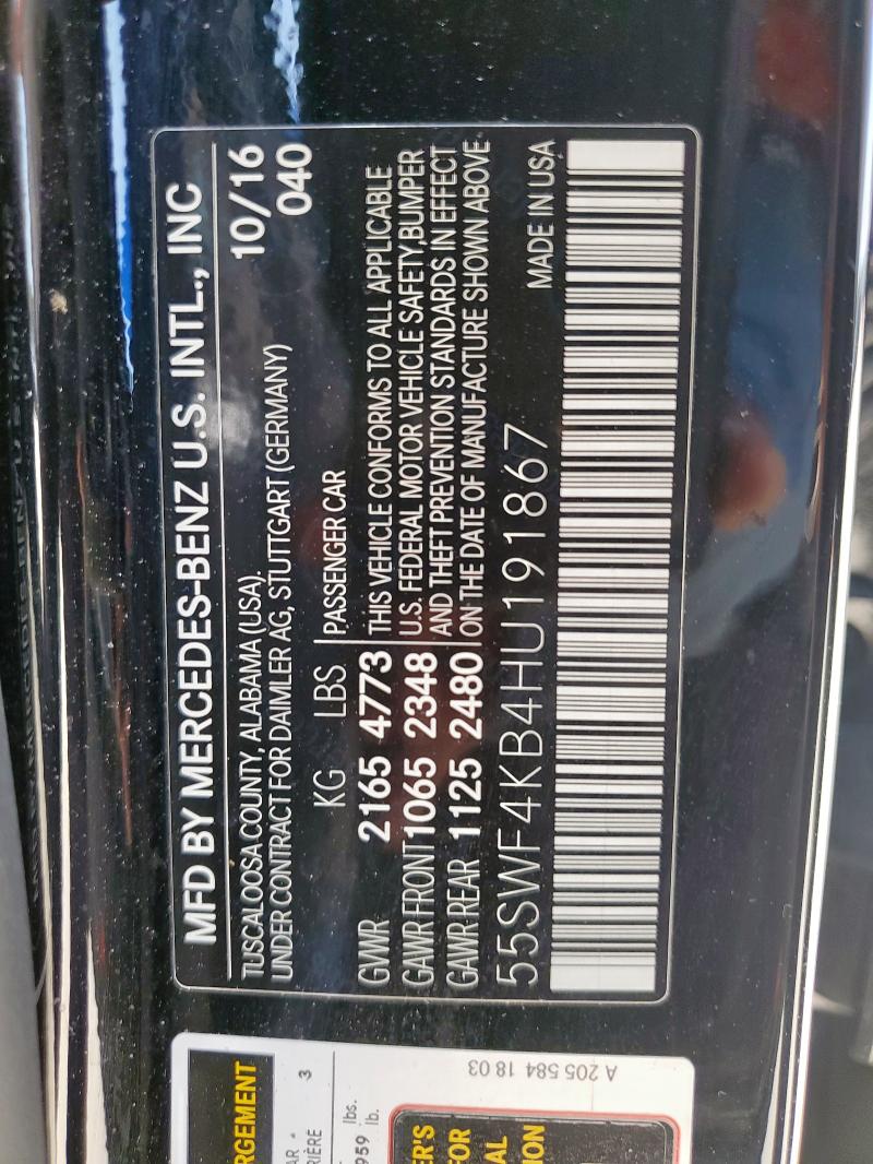 55SWF4KB4HU191867 - 2017 MERCEDES-BENZ C 300 4MATIC BLACK photo 12