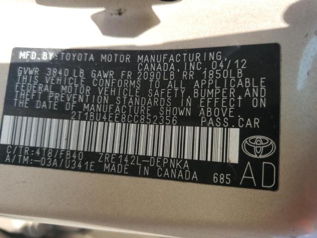 2T1BU4EE8CC852356 - 2012 TOYOTA COROLLA BASE Ոսկեգույն լուսանկար 12