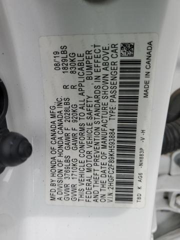 2HGFC2F89KH593884 - 2019 HONDA CIVIC SPORT 白色 照片 12