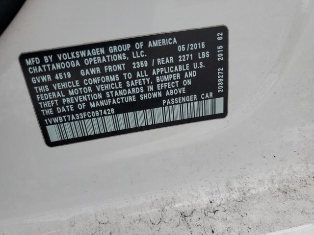 1VWBT7A33FC097426 - 2015 VOLKSWAGEN PASSAT SE WHITE photo 12