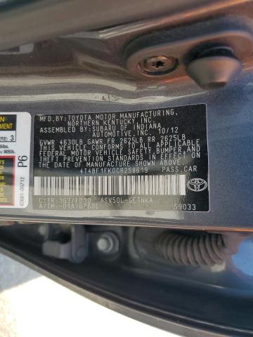 4T4BF1FK0CR258619 - 2012 TOYOTA CAMRY BASE GRAY photo 12