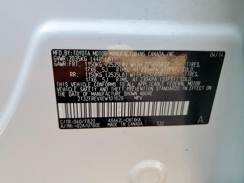 2T3ZFREVXEW101628 - 2014 TOYOTA RAV4 LE WHITE photo 13